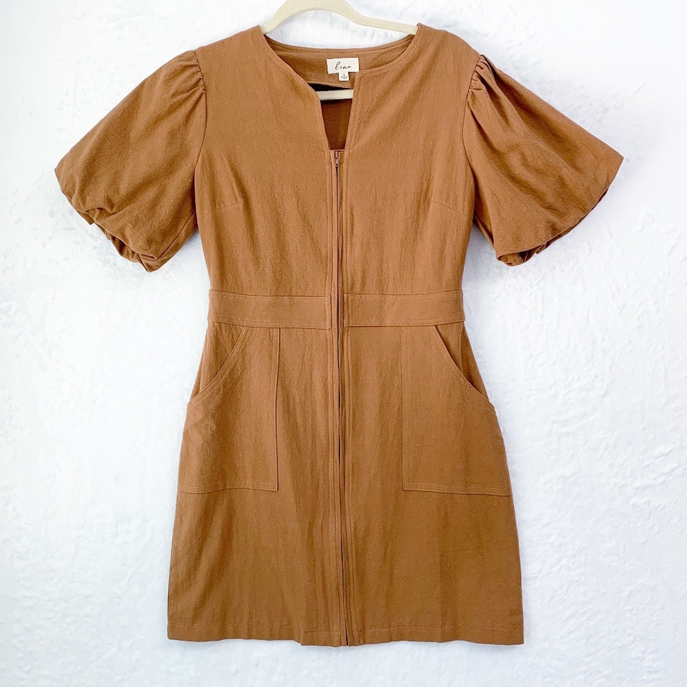 Lena Puff Sleeve Zip Front Utility Mini Dress in Camel Sz S